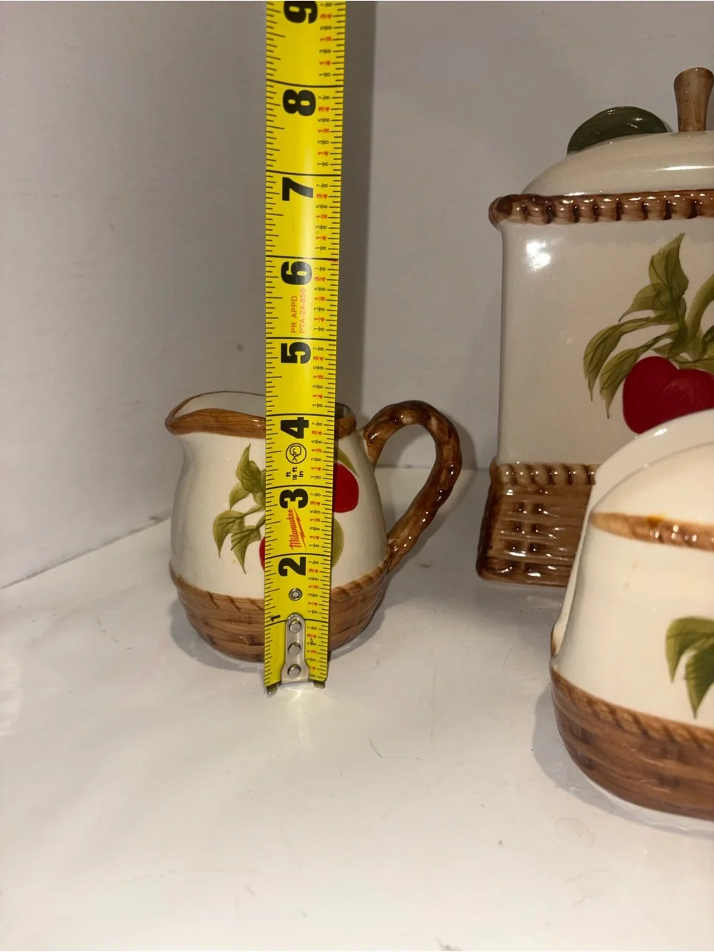 Ceramic Apple Motif Tea Set and Canister - Cream and Red